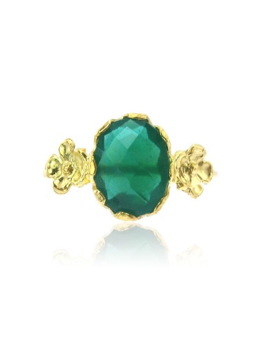 MRIO Classic Adjustable Gold Silver Ring Green Stone and Flowers